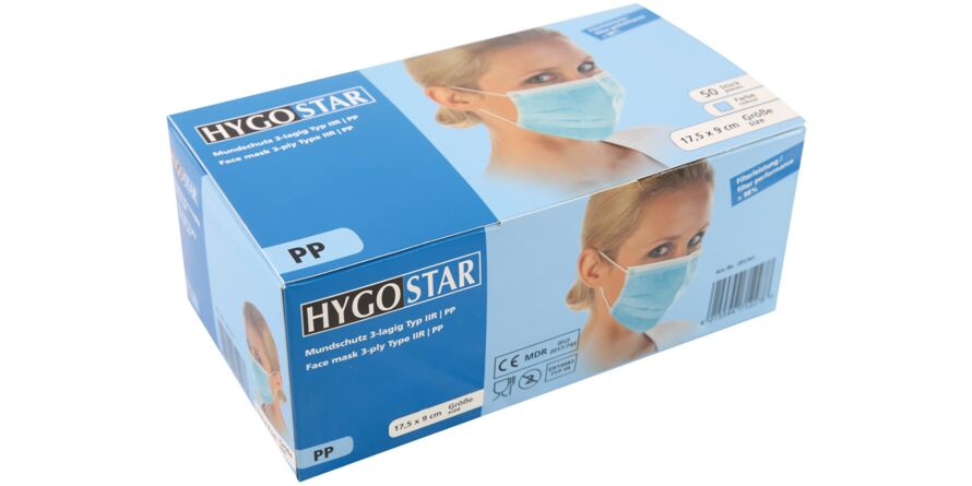 Hygostar face mask PP, blue, type IIR 3-layer, elastic bands